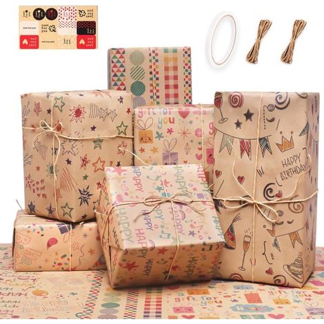 Lot de 6 rouleaux de papier cadeau d'anniversaire recyclable avec ruban adhésif double face et ficelle de paille de 10 m, 70 x 50 cm (1/5)