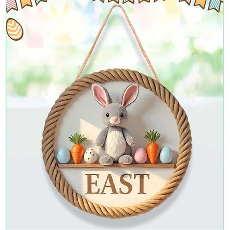 Plaque En Bois - Lapin De Pâques Peint À La Main - Décoration Murale Double Face Pour Porte Et Intérieur - Diamètre 20 Cm - 1 Pièce (1/5)