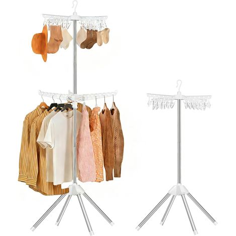 Étendoir à linge pliable - 2 niveaux - Portable - Barre de séchage rotative - 24 pinces - 3 bras pivotants - Convient aux appartements et aux petites pièces (1/4)