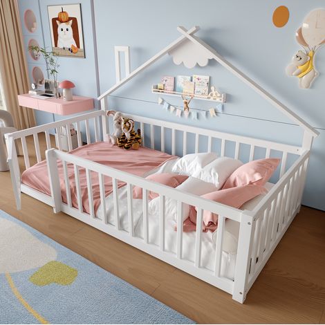Lit cabane 90x190 enfant, barrière verrou, pin blanc OKMYHOME (1/5)
