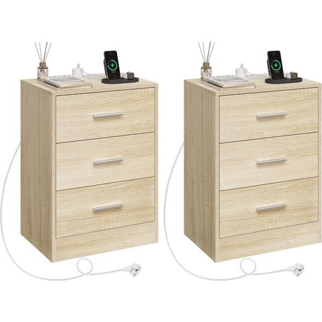 WOLTU 2x Comodino da Camera da Letto con Stazione di Ricarica Cameretta Moderno Cassettiera con 3 Cassetti Mobiletto da Salotto Rovere Chiaro