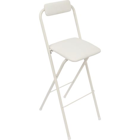 Tabouret pliable en métal, chaise haute pliante, avec repose-pieds,assise et dossier rembourrés, capacité 125 kg, 75 cm de hauteur, blanc (1/5)