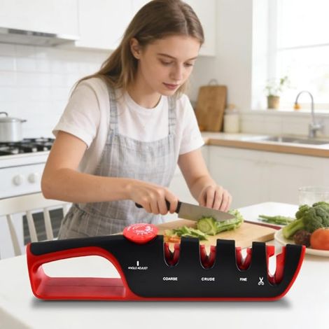 Affûteuse 4 - en - 1 avec guide angulaire, tranchant réglable, rainure d'affûtage grossière classe 3 + rainure spéciale pour ciseaux, base antidérapante et poignée ergonomique pour couteaux de cuisine (1/5)