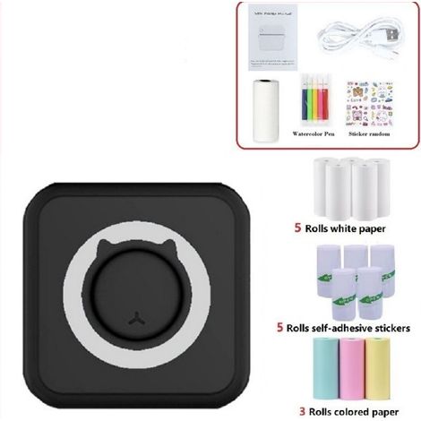 Mini imprimante de poche portable thermique photo avec 13 rouleaux de papier d'impression, compatible avec les applications Android et iOS, imprimante sans encre Bluetooth et étiqueteuse (noire) (1/5)