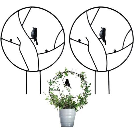 Lot de 2 treillis de jardin en fer pour plantes grimpantes, petit treillis antirouille de 40,6 cm pour plantes d'intérieur en pot, treillis rond avec oiseau – Noir (1/4)