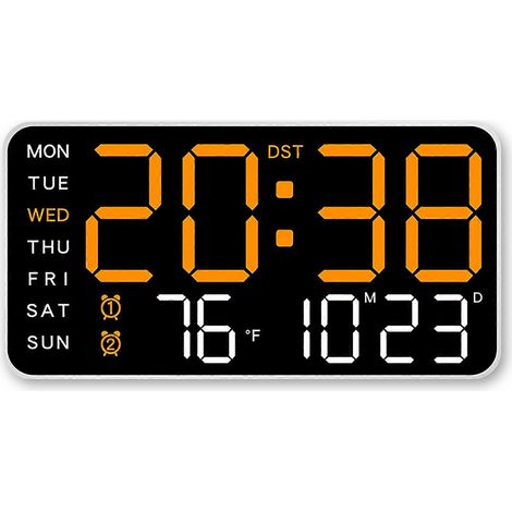 Horloge murale numérique sans cadre, alimentée par USB, à commande vocale, grand écran, double alarme, adaptée à une décoration moderne pour la maison ou le bureau, lumières blanches et orange. (1/5)