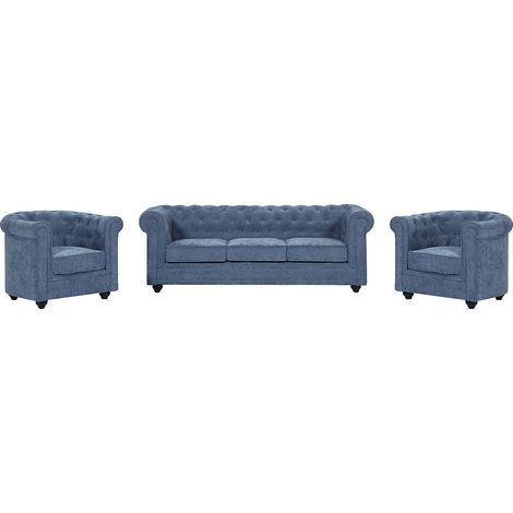 Divano 3 posti e 2 poltrone in tessuto blu CHESTERFIELD