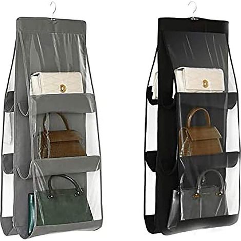 Organisateur de sac à main suspendu noir et gris à 6 poches - Lot de 2 - Sacs de rangement anti-poussière pour armoire et penderie - Système d'organisation lavable et peu encombrant (1/5)