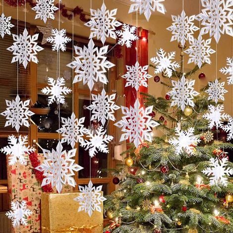 Décorations de Noël hivernales à suspendre en forme de flocons de neige, 12 flocons de neige blancs 3D pailletés et de grande taille