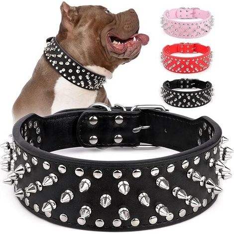 Verstellbares Hundehalsband mit breiten Dornen, aus Kunstleder, mit Pilznieten, robust und mit Nieten besetzt, für kleine, mittlere und große Rassen wie Pitbull, Mastiff, Bulldogge, Bulldogge usw. (1/4)
