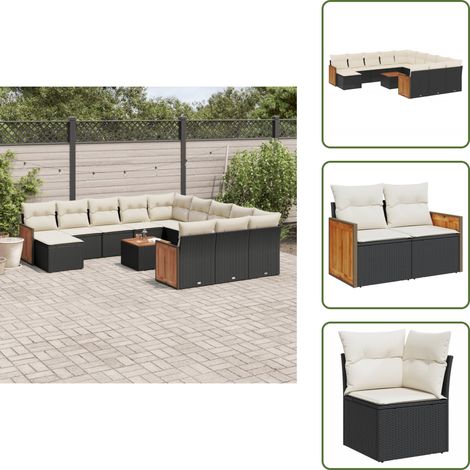 The Living Store Salon de jardin avec coussins 13 pcs noir résine tressée - Ensemble Salon De Jardin - Meuble Extérieur - Mobilier De Jardin - Chaise Longue - Set Salon