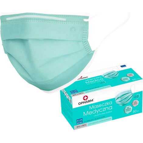 Türkisfarbene OP-Maske mit Gummiband, Typ IIR Opharm, 50 Stück (1/5)