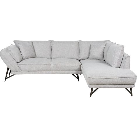 Sofá esquinero moderno izquierdo tapizado respaldo decorativo tela de lino patas de metal 2 cojines gris claro Elga (1/5)