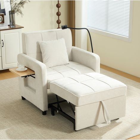 Poltrona letto 167x79x83 cm beige in chenille con schienale reclinabile, contenitori laterali e cuscino (1/5)