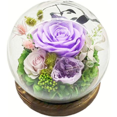 Caja de regalo con flores preservadas: cúpula de cristal esférica con tira de LED integrada un regalo práctico para cumpleaños y San Valentín. Modelo 11.