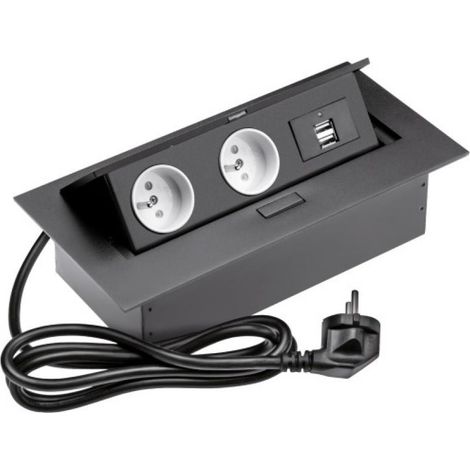Bloc prise rectangulaire noir à encastrer 2 prises 16A.230V + 2USB (1/3)