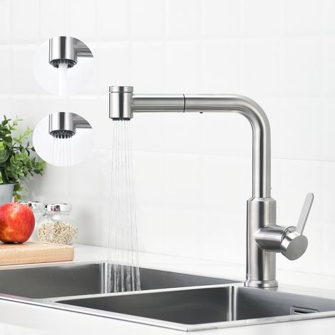 Cecipa Grifo Monomando de Cocina con Ducha Extraíble, Grifo de Fregadero Cepillado, Grifo de Agua Fría y Caliente, 2 Modos de Salida de Agua (1/5)