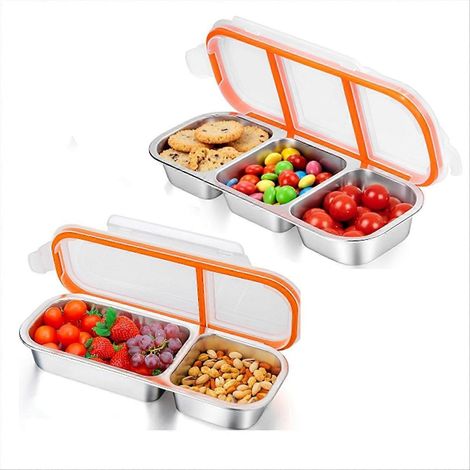 2 pièces acier inoxydable collation récipients réutilisable 2 et 3 compartiments condiment boîte couvercles école voyage (1/5)