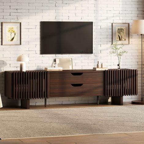 Mueble para TV, 180x40x45 cm, en MDF, color nogal, con dos cajones y dos puertas de persiana, apto para televisores de hasta 75 pulgadas (1/5)