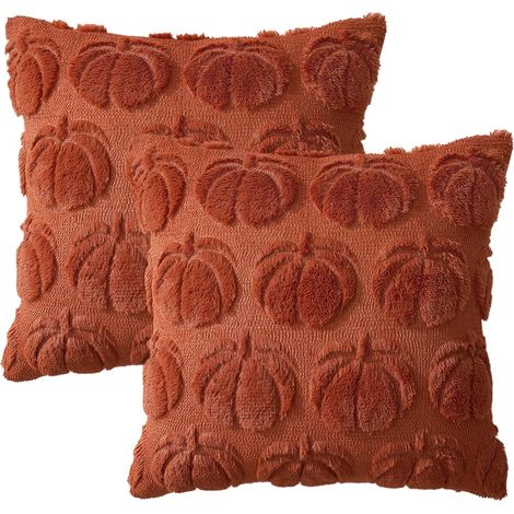 Lot de 2 housses de coussin décoratives automnales 45 x 45 cm - Motif citrouille rouille et fausse fourrure - Idéales pour la véranda, le canapé, le lit et la décoration d'intérieur style ferme pour H (1/5)