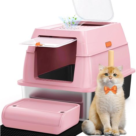 XL Cat Litter Tray, Stainless Steel Litter Tray with Lid, Cat Litter Box, Scoop+Carpet+Step - 60 x 40 x 39.5 cm (Pink) (1/5)
