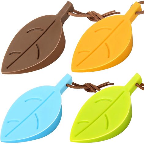 Lot de 4 butées de porte en silicone, protège-doigts flexibles et décoratifs, en forme de feuille colorée et mignonne, pour la maison et le bureau (vert, jaune, bleu, marron). (1/5)