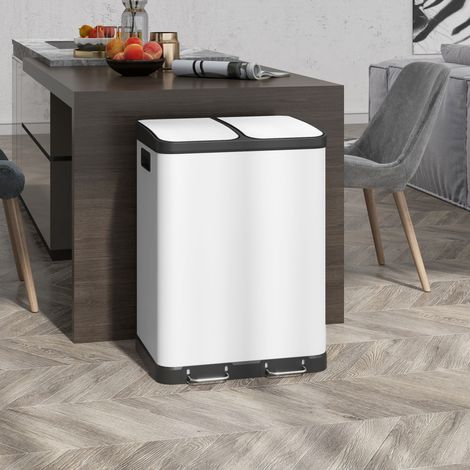 Poubelle de cuisine 2 x 30L avec pédale en acier inoxydable. 2 compartiments. couvercle à fermeture douce. 60L. blanc