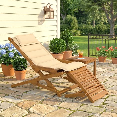 Chaise longue pliante en bois avec repose-pieds amovible et coussin avec appui-tête, capacité de charge 160 kg, 158 x 61 x 70 cm, beige