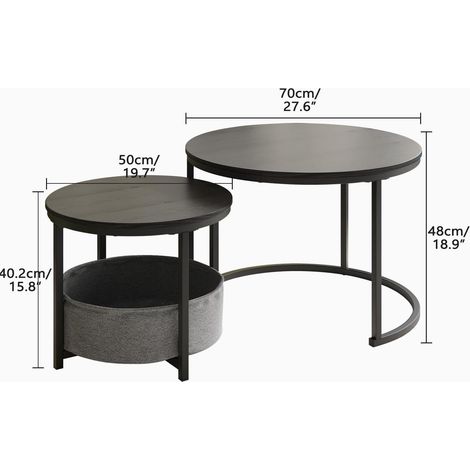 Ensemble de 2 tables basses rondes style industriel avec cadre métallique et plateau en bois, rangement tissu intégré (1/5)