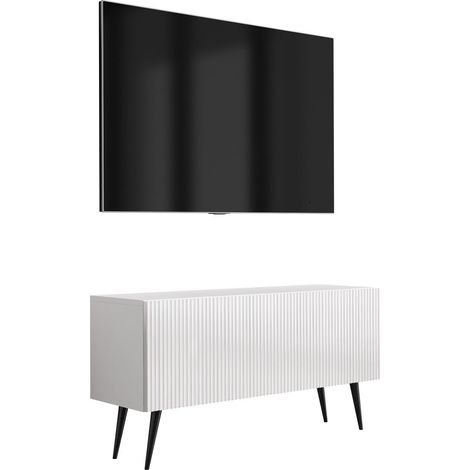 Mobile TV con frontale scanalato, bianco opaco, gambe inclinate nere, 100 × 32 × 52 cm (1/5)
