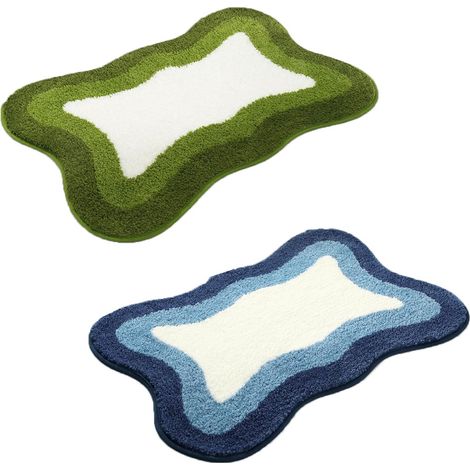 Lot deux tapis salle de bain imitation cachemire lavable antidérapant absorbant dimension 60 sur 40 centimetres couleur bleu vert (1/5)