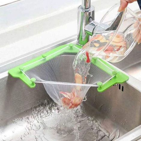 Filtre Triangulaire pour la Cuisine, crépine d'angle pour l'évier, Grille d'égouttage à Filet Fin pour Le Stockage des déchets dans l'évier (1 Support + 100 Sacs de Filtre) (1/5)