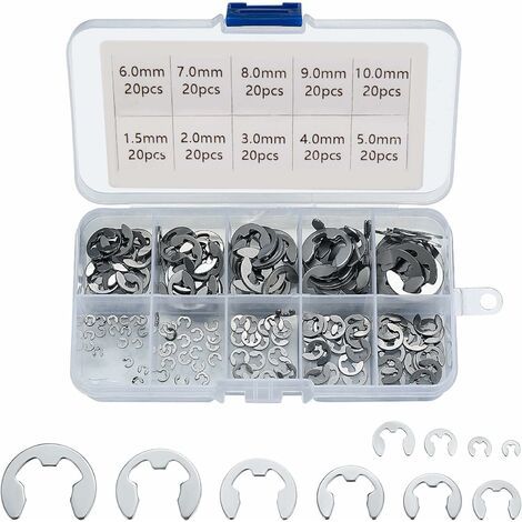 E-Clip-Ring 304 Edelstahl Externe Sicherungsringe Sortiment von Sicherungsringen 1,5/2/3/4/5/6/7/8/9/10 mm Verschiedene Anwendungen 200 Stück