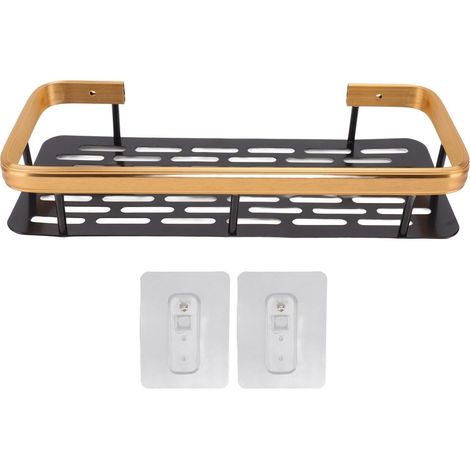 Étagère de douche à un niveau en aluminium durable antirouille avec autocollant, pour salle de bain, chambre, cuisine, noir et or. (1/5)