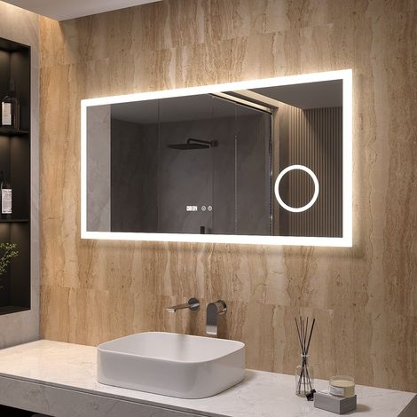 LED Badspiegel mit Beleuchtung Kosmetikspiegel mit LED Digitaluhr, 120x60cm, Beschlagfrei Schminkspiegel, Wandmontage, Dimmerfunktion (1/5)