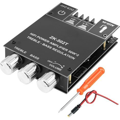 ZK-502T Amplificateur Bluetooth 5.0 Stéréo Hi-Fi 2x50W, Amplificateur Bluetooth pour Enceintes, Carte Amplificatrice Mini Stéréo AUX BT DC12-24V avec Réglage Aigus/Graves pour Enceintes DIY Maison