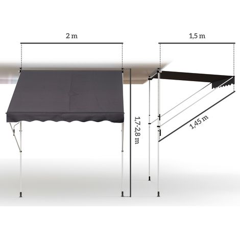 Store à bras articulé à pince 200x150cm, hauteur réglable, aluminium gris