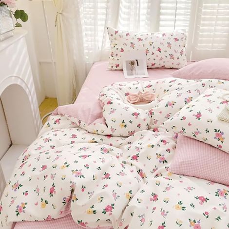 Housse de Couette 200x200 Coton avec 2 Taies d'oreiller 65x65 cm Parure de lit Imprimée Fleurs Colorées - 100% Coton Parure Housse Couette Adulte avec Fermetures éclair, Blanc Rose (1/5)