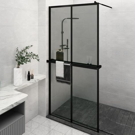 Mampara ducha con estante vidrio ESG y aluminio negro 118x195cm