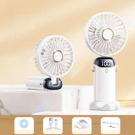 Ventilateur portable rechargeable par USB avec 5 vitesses,mini ventilateur de bureau pliable avec écran LED pour les voyages en plein air (Blanc)