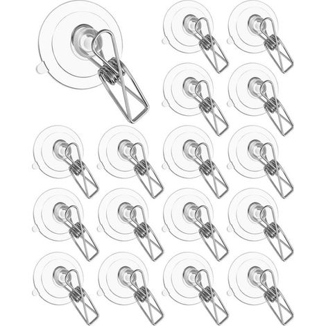 Paquete de 16 clips transparentes de 45 mm con ventosa para fotos o para la ducha. (1/5)