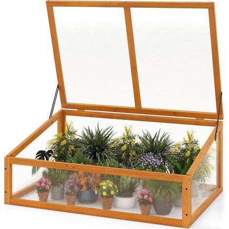 COSTWAY Serra in Legno, Mini Serra con Tetto Trasparente Apribile, Letto Rialzato da Interno ed Esterno per Balcone, Giardino e Veranda (Arancione) (1/5)