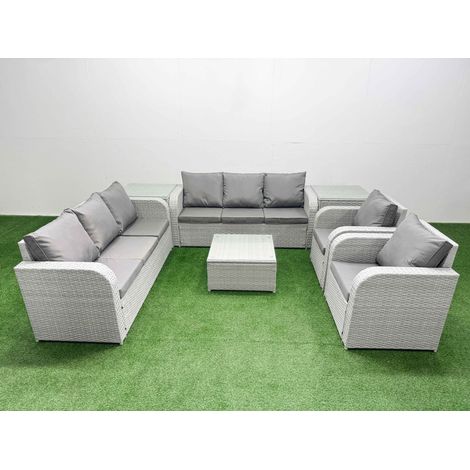 Fimous PE Rattan High Back Lounge Sofa Set Patio Square Coffee Table & Chairs Set with 3 Seater Sofa Reclining Chair 2 Side Table Light Grey (1/4)