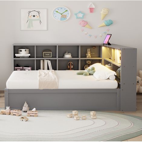 Letto a cassone bambini 90x200 cm con porte USB, LED e vani portaoggetti, in legno, senza materasso, grigio (1/5)