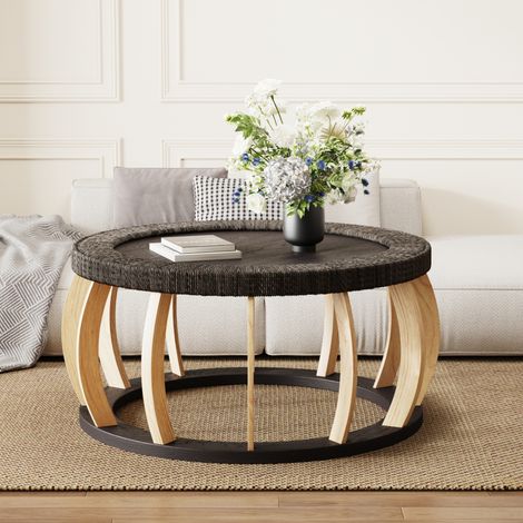 Mesa de centro redonda 90x90x43 cm negro marrón en madera maciza y MDF con ratán y patas curvas (1/5)