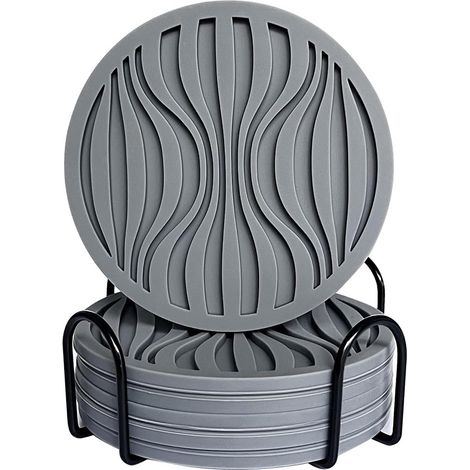 Paquete de 6 posavasos de goma con soporte, alfombrilla de silicona para vasos, revestimiento antiadherente, antideslizante, grueso para bebidas frías o calientes - gris puro (1/5)