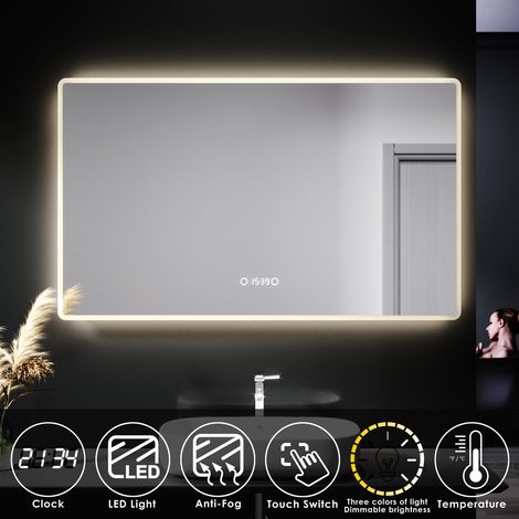 ELEGANT LED Illuminated Bathroom Mirror with Clock Temperature Display Anti-foggy Led Mirror Three Color Mode 1000 x 600mm