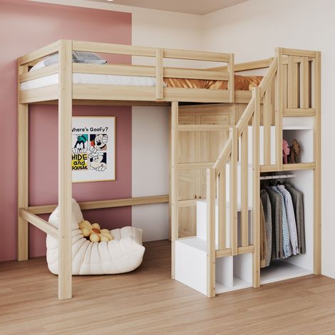 Lit mezzanine 90x200 cm avec rangement, escalier sécurisée et armoire, lit 1 place pour enfants et adolescents, cadre en bois massif - Couleur naturelle (1/5)