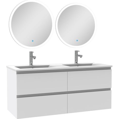 Ensemble meubles Salle de Bain 120cm double vasque + miroir lumineux rond Blanc