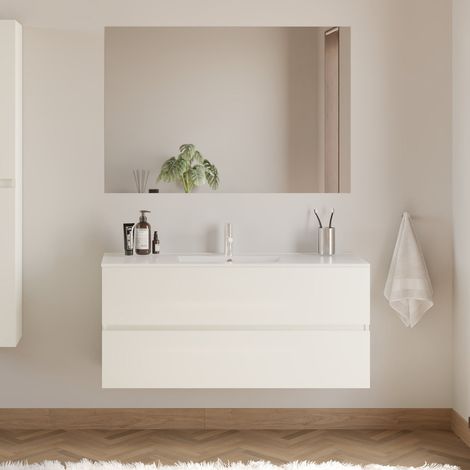 Meuble de salle de bain 120cm simple vasque - 2 tiroirs - blanc brillant - IDA (1/5)